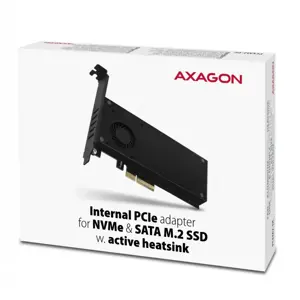 AXAGON PCEM2-DC PCI-E 3.0 4x - DUAL M.2 SSD (NVMe + SATA), dviguba įtampa, iki 110 mm SSD, ventiliatorius + radiatorius