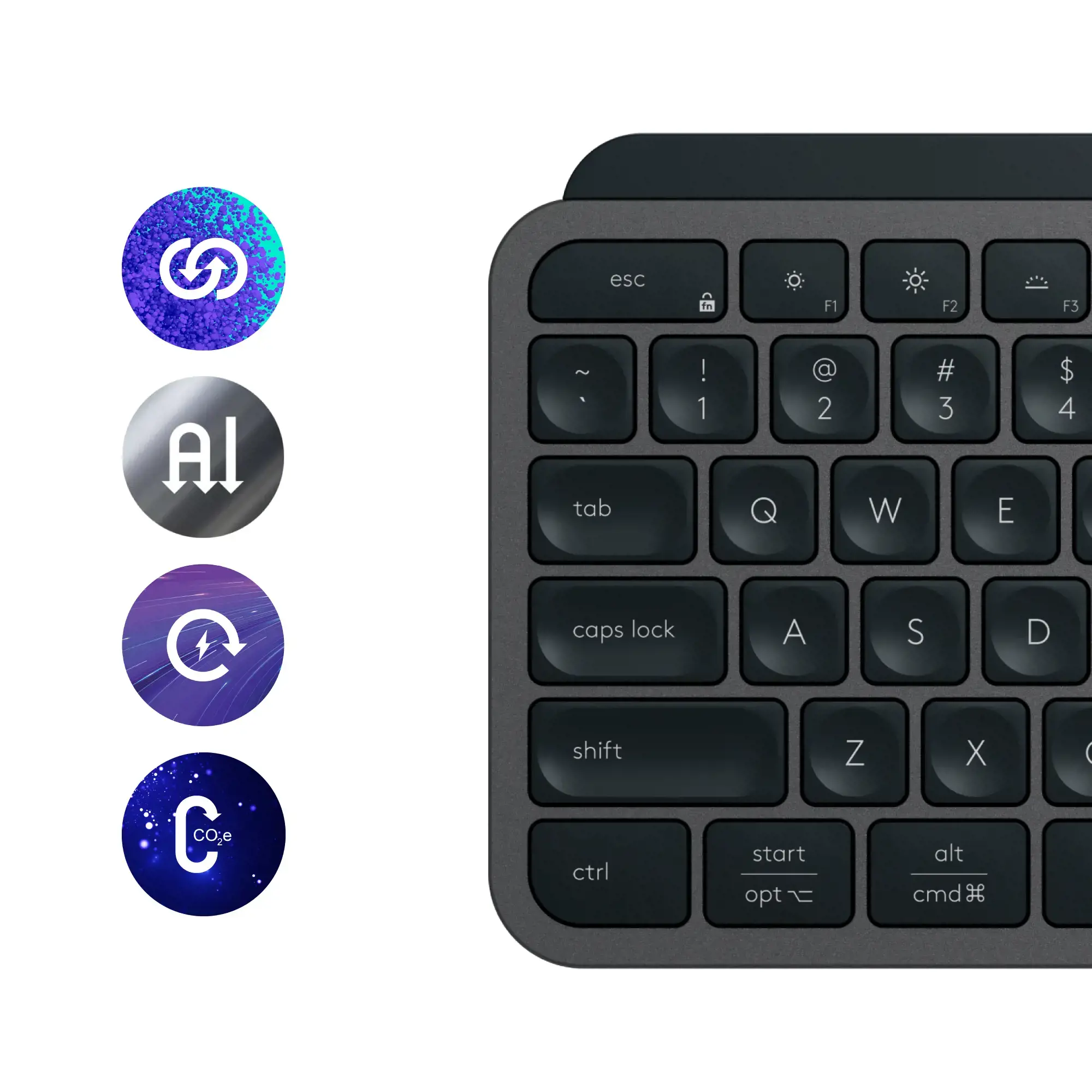 "Logitech MX Keys S", pilno dydžio (100 %), RF belaidis + "Bluetooth", žirklinis klavišų jungiklis, QWERTY, šviesos diodas, grafito spalvos