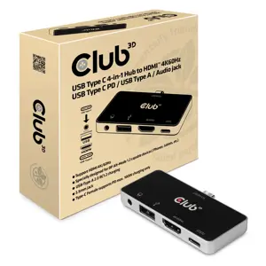 CLUB3D USB Type C 4-in-1 Hub to HDMI™ 4K60Hz USB Type C PD / USB Type A / Audio jack, Docking, USB 3.2 Gen 1 (3.1 Gen 1) Type-C, 100 W, 3.5 mm, Black, Chrome, 4K Ultra HD