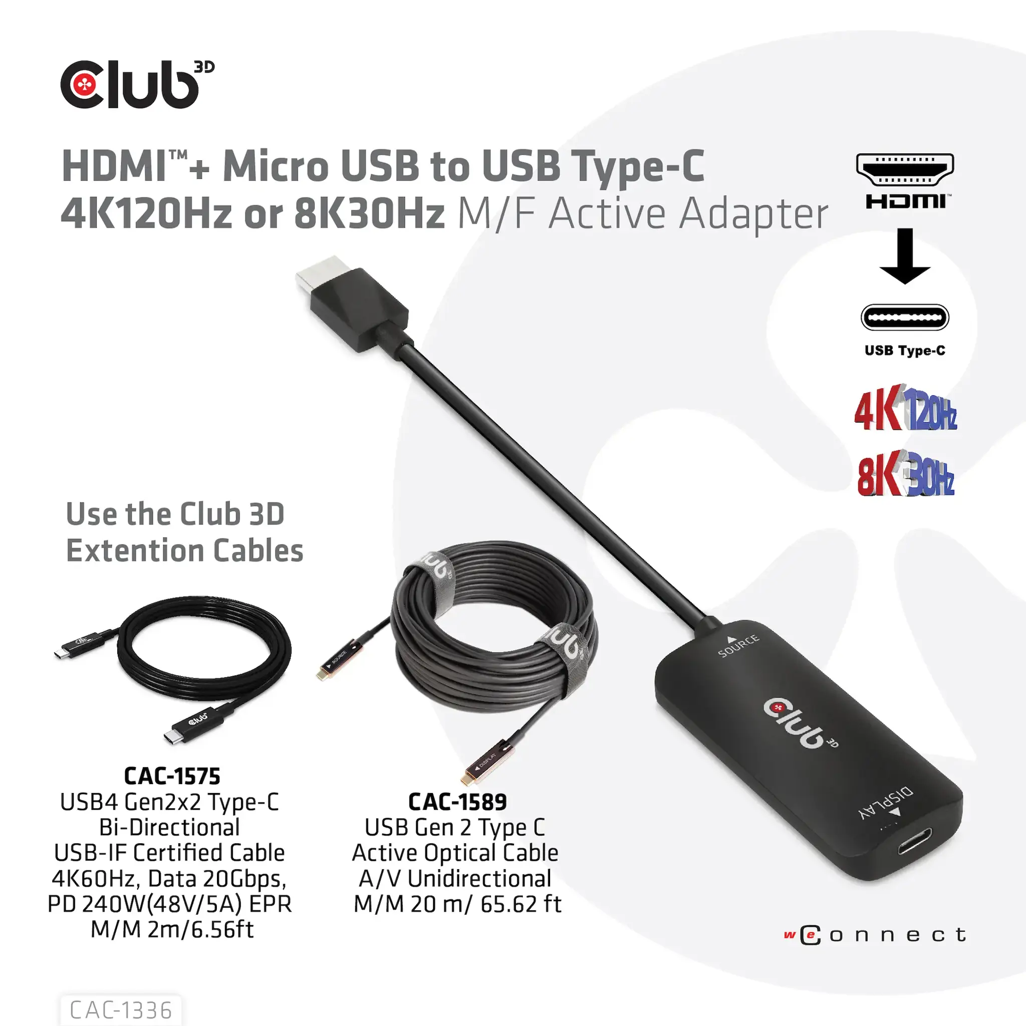 CLUB3D HDMI + Micro USB to USB Type-C 4K120Hz or 8K30Hz M/F Active Adapter, 1 m, HDMI + USB, USB Type-C, Male, Female, Straight