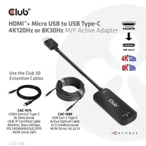 CLUB3D HDMI + Micro USB to USB Type-C 4K120Hz or 8K30Hz M/F Active Adapter, 1 m, HDMI + USB, USB Type-C, Male, Female, Straight