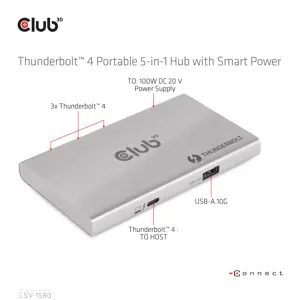 CLUB3D Certified Thunderbolt™4 Portable 5-in-1 Hub with Smart Power, Docking, Thunderbolt 4, Silver, OS Support: Windows10™ or above version supported Thunderbolt™ 4 host MacOS™ 11 or above..., DC, 10 W