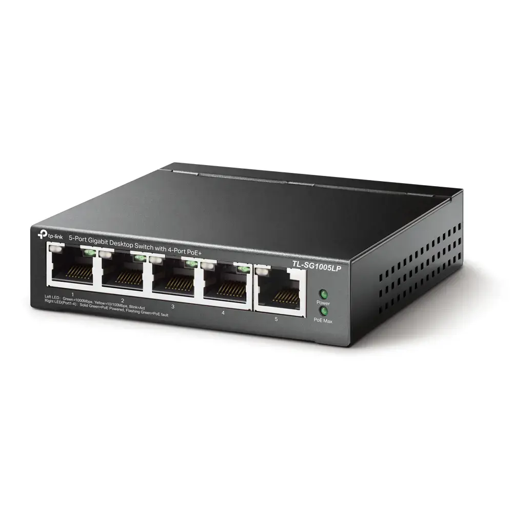 TP-Link TL-SG1005LP, nevaldomas, Gigabit Ethernet (10/100/1000), maitinimas per Ethernet (PoE), montuojamas ant sienos