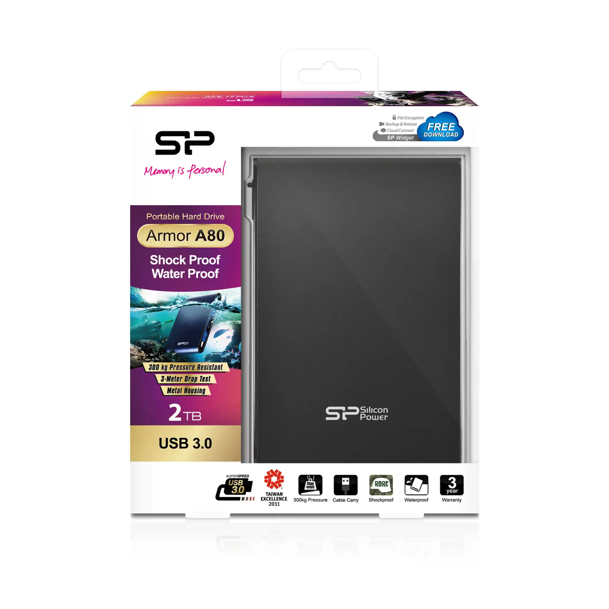 SILICONPOW SP020TBPHDA80S3K Išorinis kietasis diskas Silicon Power Armor A80 2.5 2TB USB 3.0, IPX7, atsparus vandeniui, juodas