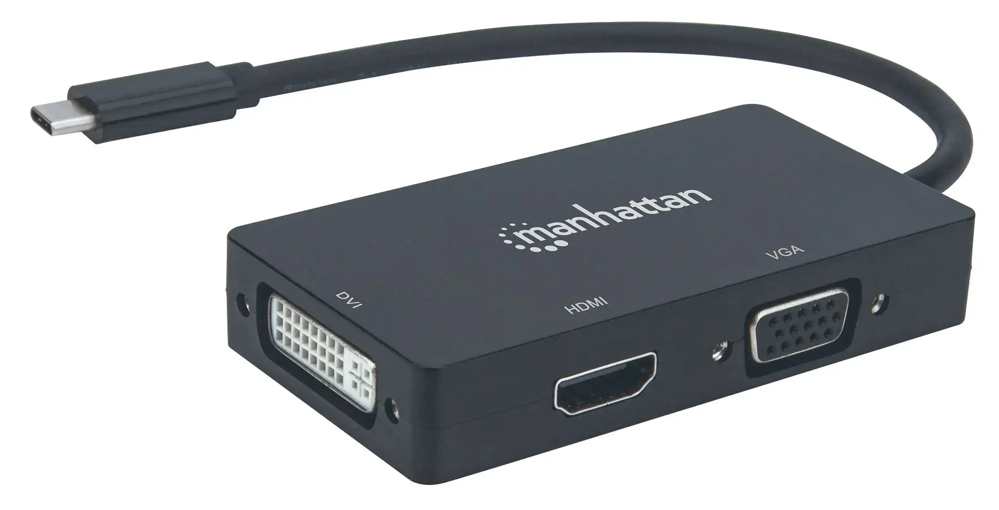 Manhattan USB-C Dock/Hub, Ports (x3): DVI-I, HDMI and VGA Ports, Note: Only One Port can be used at a time, External Power Supply Not Needed, Cable 10cm, Black, Three Year Warranty, Blister, 3840 x 2160 pixels