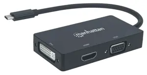 Manhattan USB-C Dock/Hub, Ports (x3): DVI-I, HDMI and VGA Ports, Note: Only One Port can be used at a time, External Power Supply Not Needed, Cable 10cm, Black, Three Year Warranty, Blister, 3840 x 2160 pixels