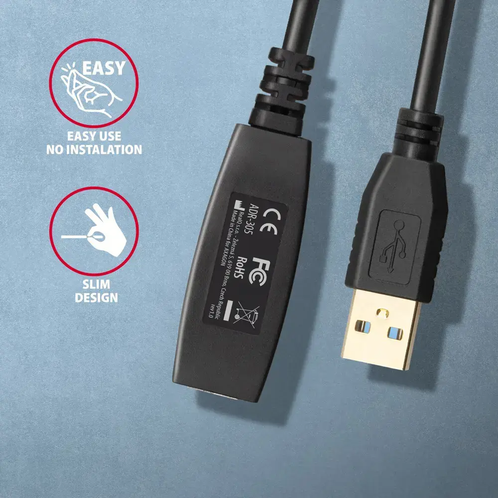 "Axagon Active" USB 3.2 Gen 1 A-M > A-F ilgintuvas, 5 m ilgio. Maitinimo šaltinio parinktis.