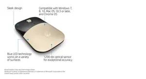 HP Z3700 auksinė belaidė pelė, dvipusė, optinė, RF belaidė, 1200 DPI, auksinė
