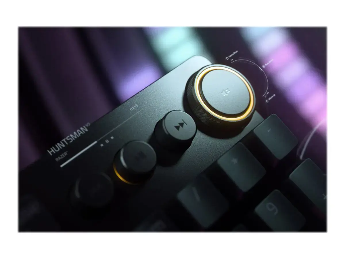 "Razer Huntsman V2" optinė žaidimų klaviatūra su RGB LED apšvietimu, šiaurietiškas išdėstymas, laidinė, juoda, "Clicky Purple" jungiklis, skaitmeninė klaviatūra