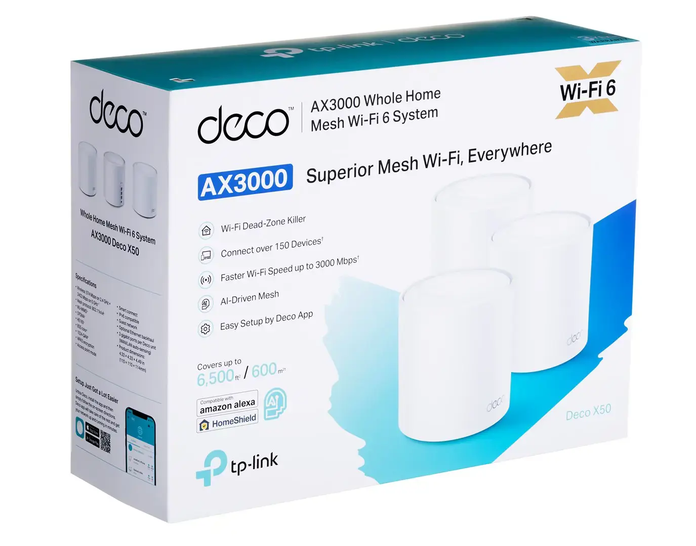 "TP-Link AX3000 Whole Home Mesh WiFi 6" sistema, balta, vidinė, CE: (2,4 GHz) <20 dBm (2,4 GHz) <23 dBm (5 GHz) FCC: <30 dBm (2,4 GHz) <30 dBm (5 GHz), 0-40 °C, -40-70 °C, 10-90 %.