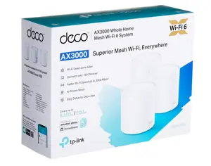 "TP-Link AX3000 Whole Home Mesh WiFi 6" sistema, balta, vidinė, CE: (2,4 GHz) <20 dBm (2,4 GHz) <23 dBm (5 GHz) FCC: <30 dBm (2,4 GHz) <30 dBm (5 GHz), 0-40 °C, -40-70 °C, 10-90 %.