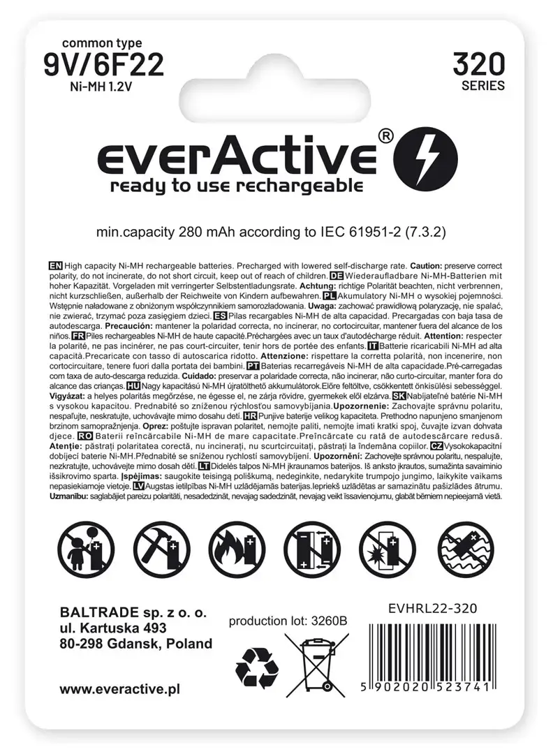 Akumuliatoriai everActive Ni-MH 6F22 9V 320 mAh Professional Line
