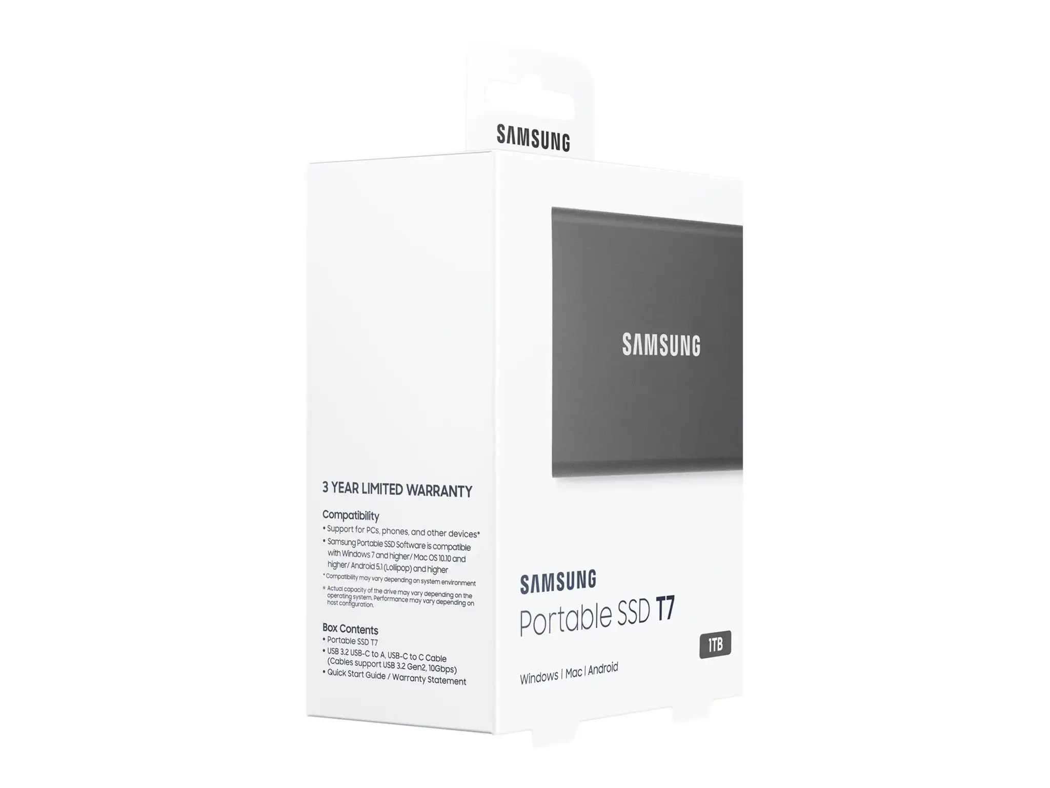 "Samsung" nešiojamasis SSD diskas T7, 1000 GB, C tipo USB, 3.2 Gen 2 (3.1 Gen 2), 1050 MB/s, apsauga nuo slaptažodžio, pilkas