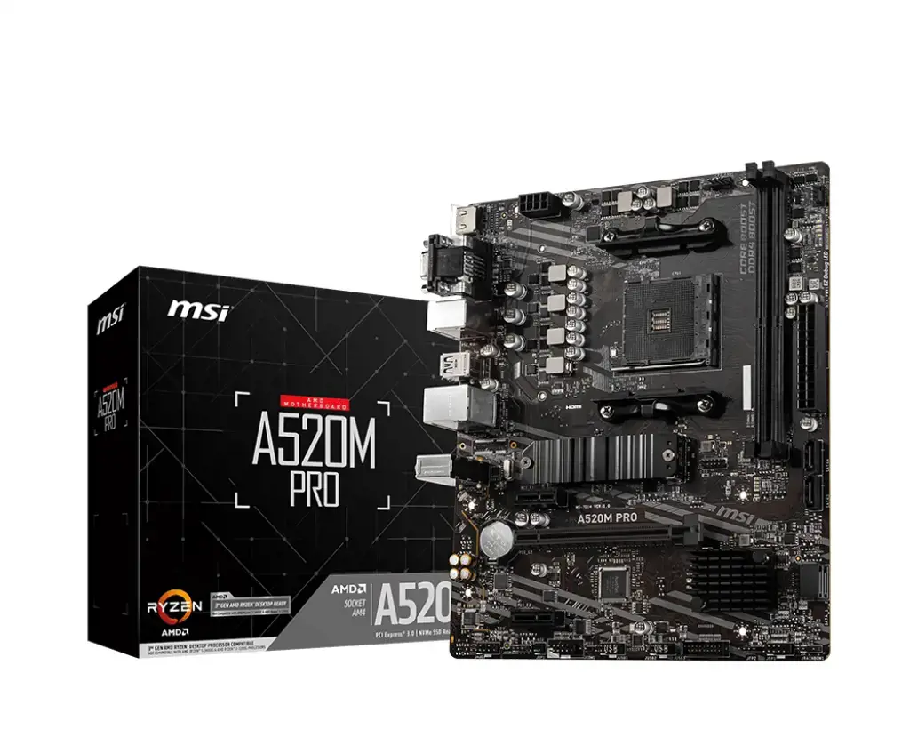 MSI A520M PRO, AMD, "Socket AM4", 3 kartos "AMD Ryzen™ 3", 3 kartos "AMD Ryzen 5", 3 kartos "AMD Ryzen™ 7", 3 kartos..., DDR4-SDRAM, 64 GB, DIMM