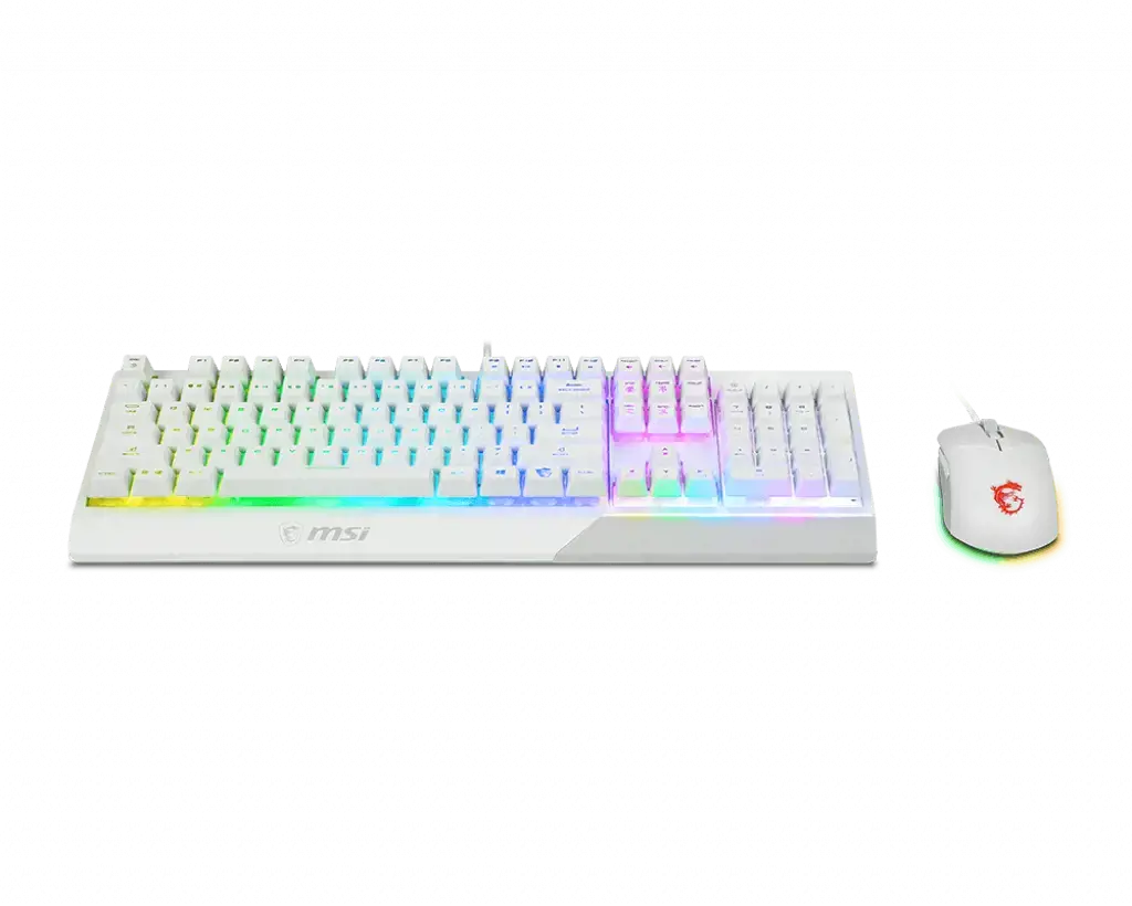 MSI VIGOR GK30 COMBO WHITE MEMchanical Gaming Keyboard + Gaming Mouse Bundle 'UK Layout, 6 zonų RGB apšvietimo klaviatūra, dviejų zonų RGB apšvietimo pelė, 5000 DPI optinis jutiklis, centrinė', USB, mechaninė, QWERTY, RGB LED, balta, pelė pridedama