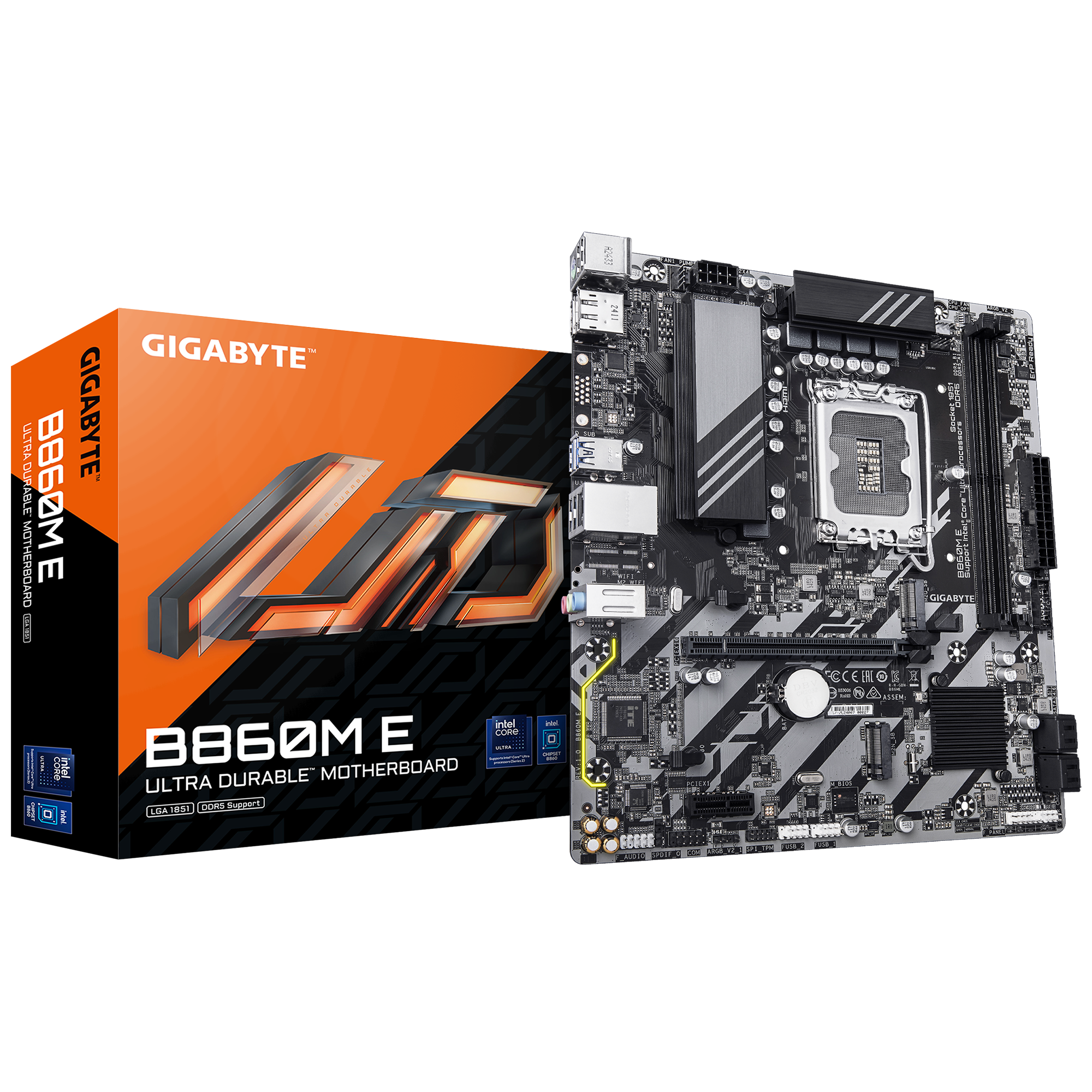 Gigabyte B860M E | Processor family Intel | Processor socket LGA1851 | DDR5 | Supported hard disk drive interfaces SATA, M.2 | Number of SATA connectors 4