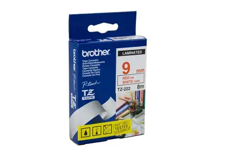 Brother laminuota juosta 9 mm, raudona ant baltos spalvos, TZe, terminis perkėlimas, Brother, PT-1280HK, PT-1280SN, PT-1280KT, PT-D200HK, PT-1100SN, PT-1100KT, PT-2100VP, PT-2730, PT-7600,..., 9 mm