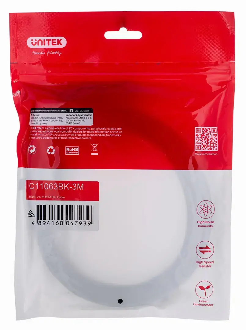 UNITEK 2.0 4K60HZ FLAT 3M C11063BK-3M HDMI cable 3 m HDMI Type A (Standard) Black