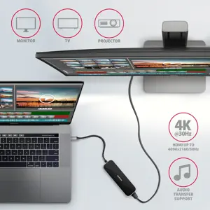 "Axagon" kelių prievadų USB 3.2 Gen 1 šakotuvas. HDMI, keturios USB-A išvestys ir "Power Delivery". Kabelinė USB-C 20 cm ilgio jungtis.