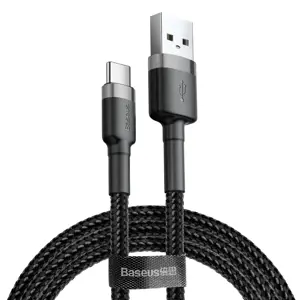 "Baseus Cafule Cable" patvarus nailono kabelis USB / USB-C QC3.0 2A 2M juodai pilkas (Juoda-pilka)