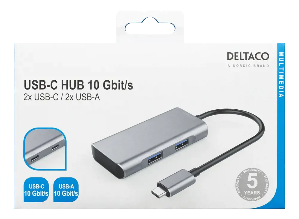 USB šakotuvas DELTACO USB-C ha - 2x USB-C ho ir 2x USB-A ho, 10 Gb / s, pilkas / USBC-HUB201