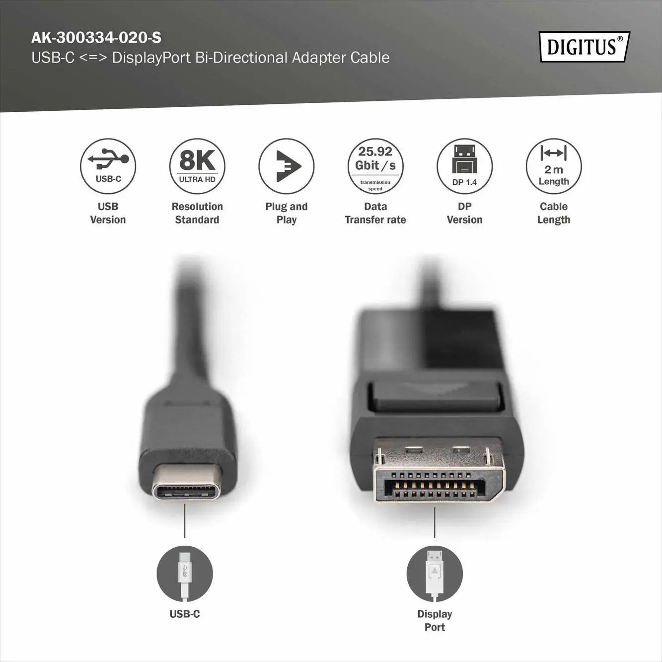 DIGITUS USB Type-C į DisplayPort dvikryptis maks. skiriamoji geba 8K 30Hz ilgis 2 m Juoda