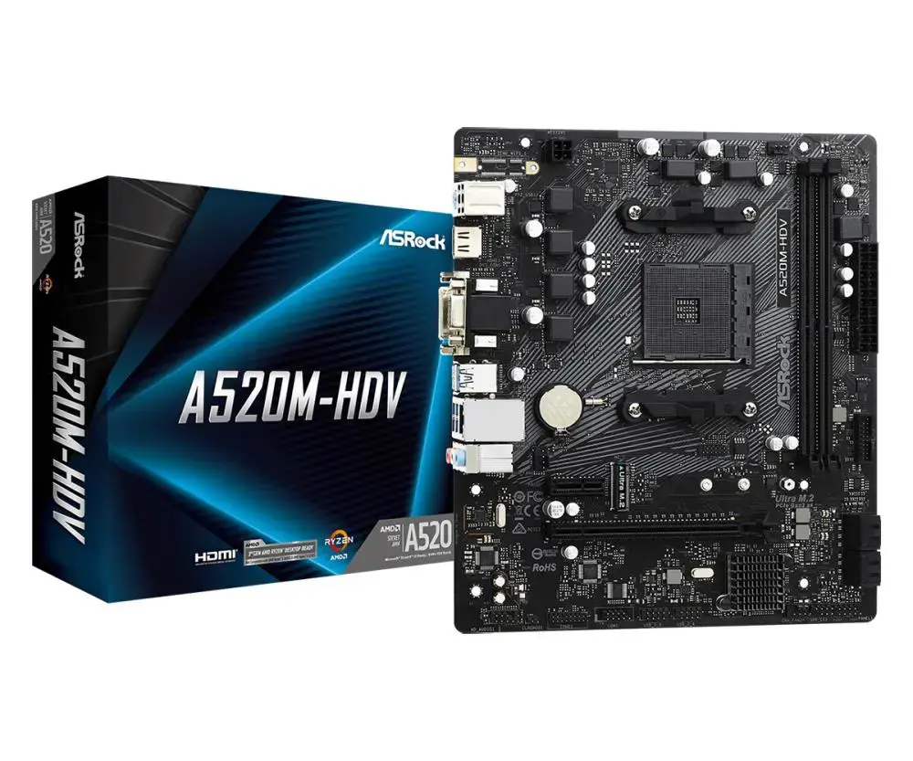 ASROCK A520M-HDV AM4 mATX MB 2xDDR4 4xSATA3 1xUltra M.2 1xPCIe 3.0x16 1xPCIe 3.0 x1 D-Sub DVI-D HDMI 7.1 CH HD Audio